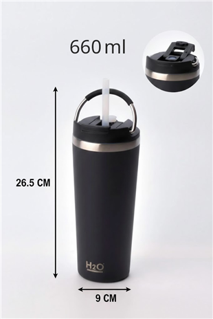 H2O Kulplu Çelik Pipetli Termos Kupa 660 ml – Siyah