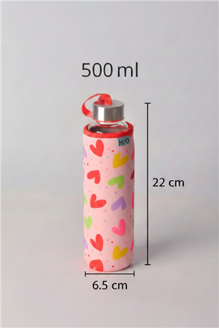 H2O Renkli Kalp Desenli Kılıflı Cam Şişe 