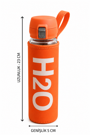 H2O Yazılı Kılıflı Kilit Kapak 500 ml Cam Matara  – Turuncu