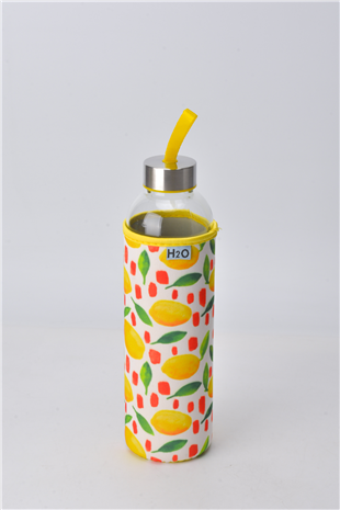 H2O Desenli Kilifli 750 Ml Cam Matara * Limon
