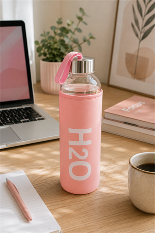 H2O Pastel Renkli Kılıflı Cam Matara 1L  – Pembe