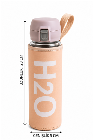 H2O Yazılı Kılıflı Kilit Kapak 500 ml Cam Matara  – Açık Pembe