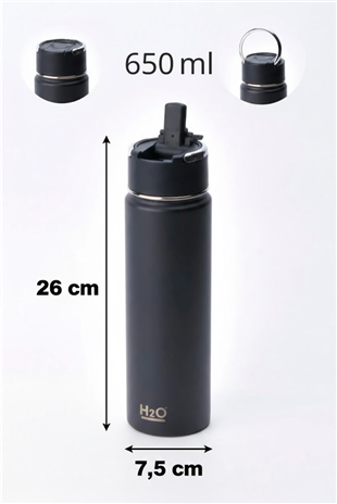 H2O Pipetli Termos Matara 650 ml – Siyah