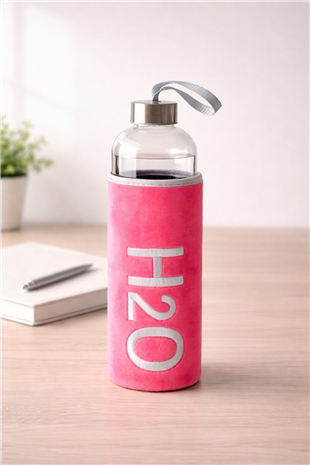 H2O Peluş Kılıflı Cam Matara 1 L – Koyu Pembe