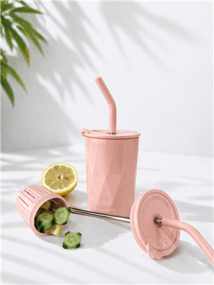 H2O Detoks Hazneli Çelik Pipetli Termos Kupa – Pembe