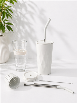 H2O Detoks Hazneli Çelik Pipetli Termos Kupa – Beyaz