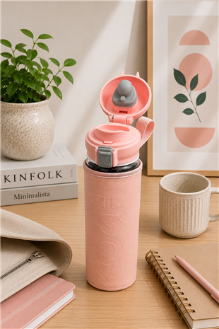 H2O Deri Kılıflı Kilit Kapak 500 ml Cam Matara  – Pembe
