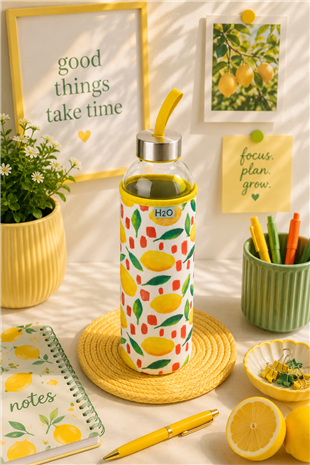 H2O Desenli Kilifli 750 Ml Cam Matara * Limon