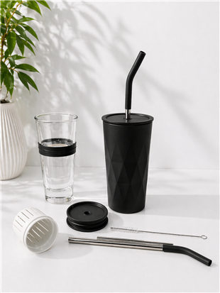 H2O Detoks Hazneli Çelik Pipetli Termos Kupa – Siyah