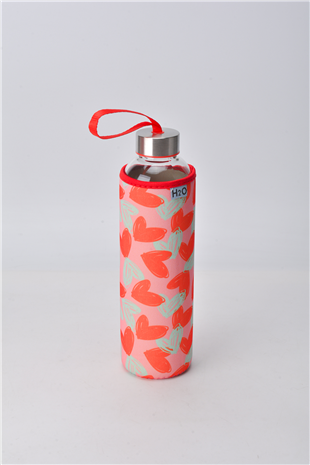 H2O Desenli Kilifli 750 Ml Cam Matara * Kalp