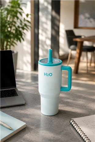 H2O Kulplu Pipetli Çelik Termos Kupa 600 ml – Mavi