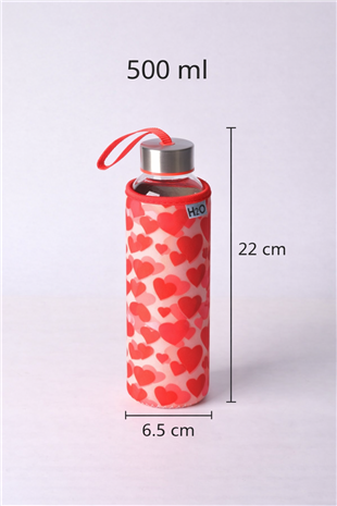 H2O Kalp Desenli Kılıflı Cam Şişe 