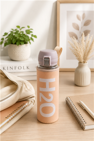 H2O Yazılı Kılıflı Kilit Kapak 500 ml Cam Matara  – Açık Pembe