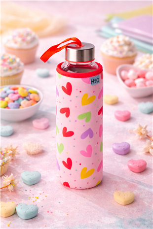 H2O Renkli Kalp Desenli Kılıflı Cam Şişe 