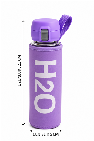 H2O Yazılı Kılıflı Kilit Kapak 500 ml Cam Matara  – Lila 