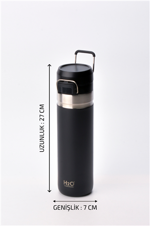 H2O Kulplu Çelik Termos Matara 1 L – Siyah