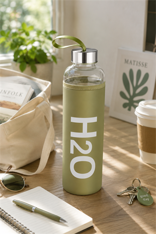 H2O Pastel Renkli Kılıflı Cam Matara 1L  – Yeşil