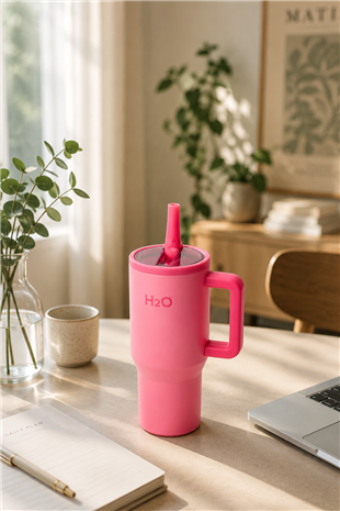 H2O Kulplu Pipetli Çelik Termos Kupa 600 ml – Pembe