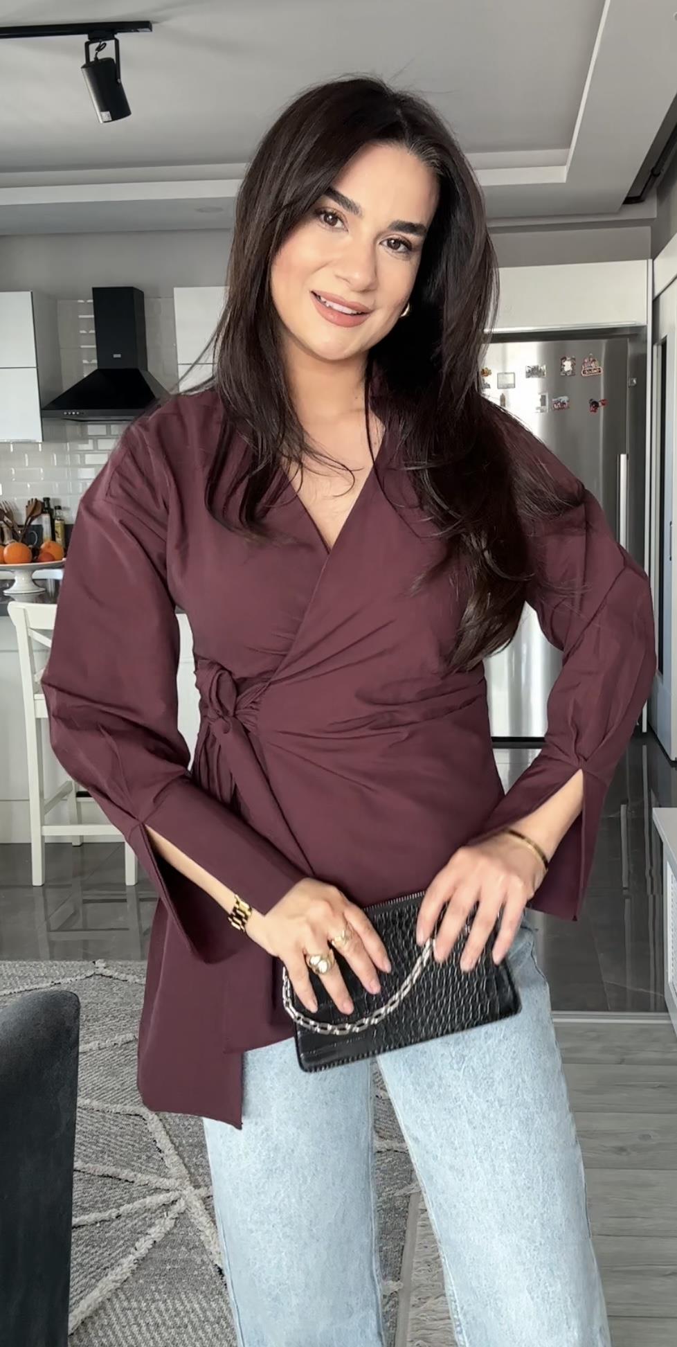 Belden Bağlamalı Mürdüm Gömlek 