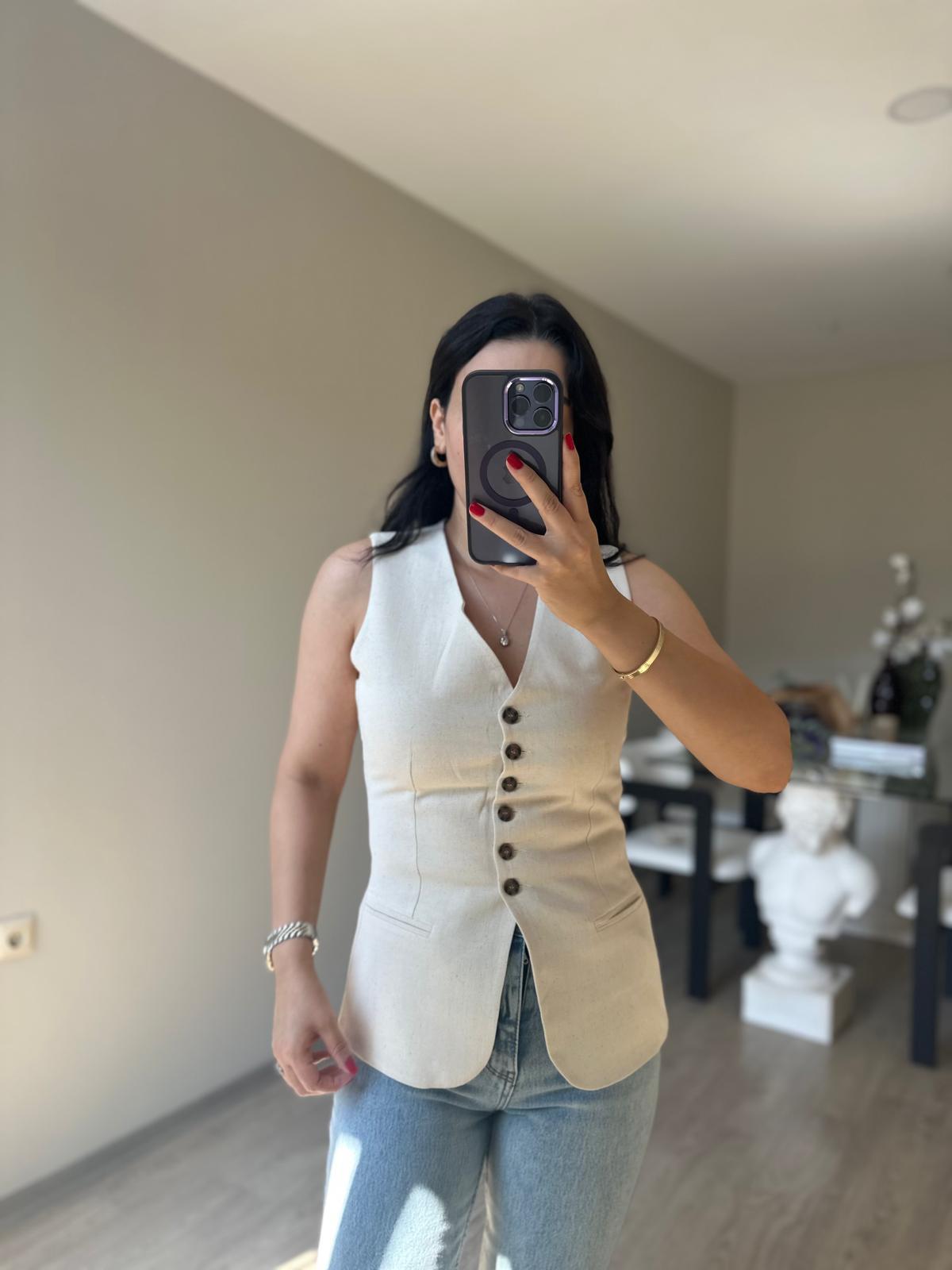 Belden Oturmalı Keten Dokulu Yelek-Bej