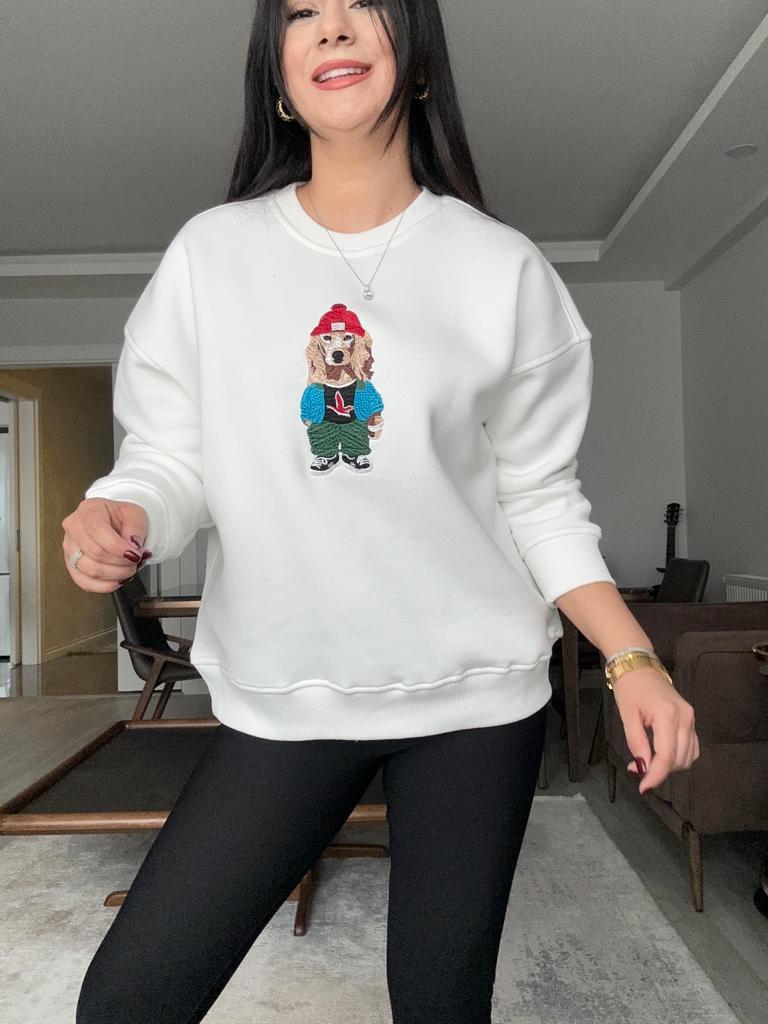 Bisiklet Yaka Nakışlı Sweatshirt