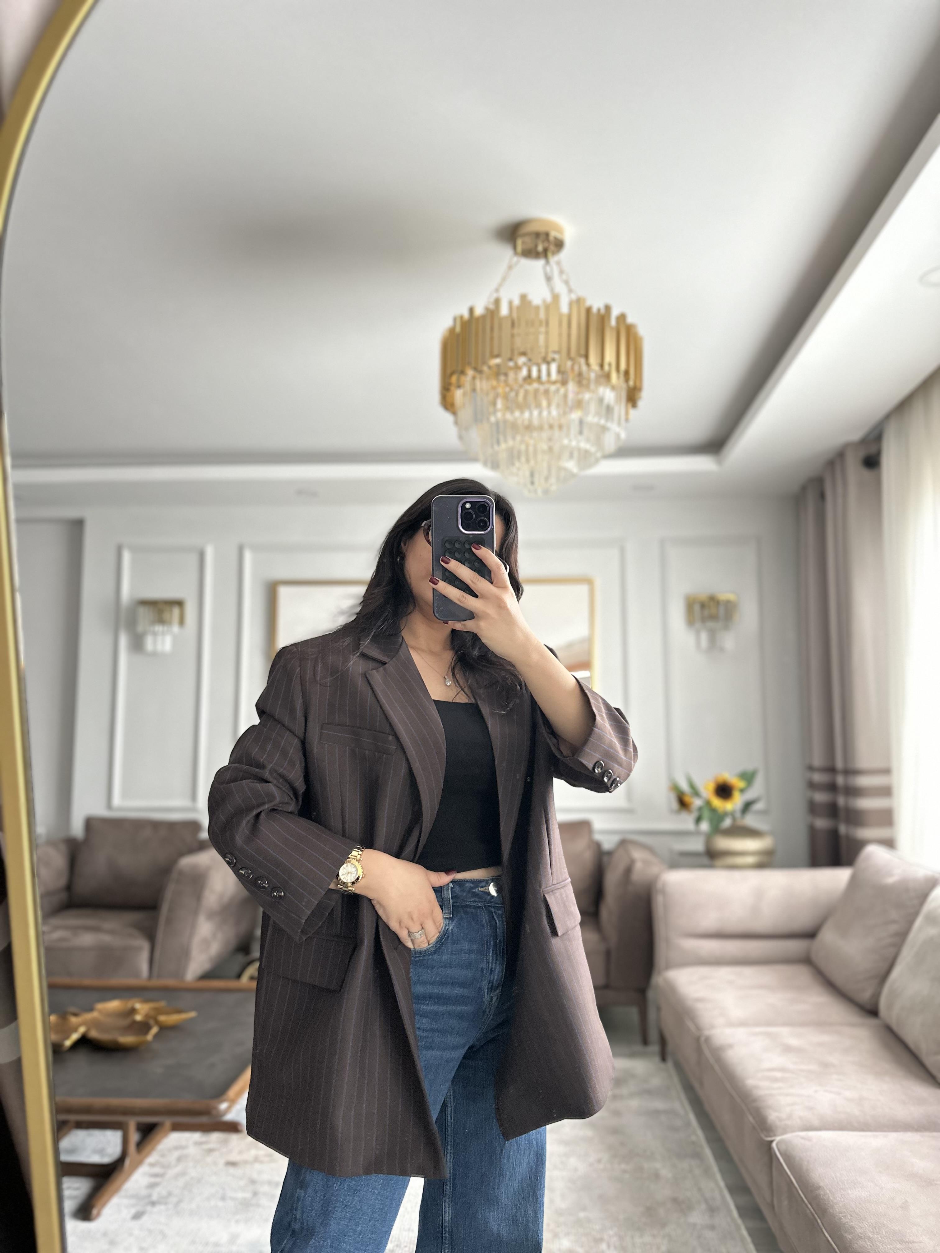 Çizgili Oversize Kahve Blazer Ceket 