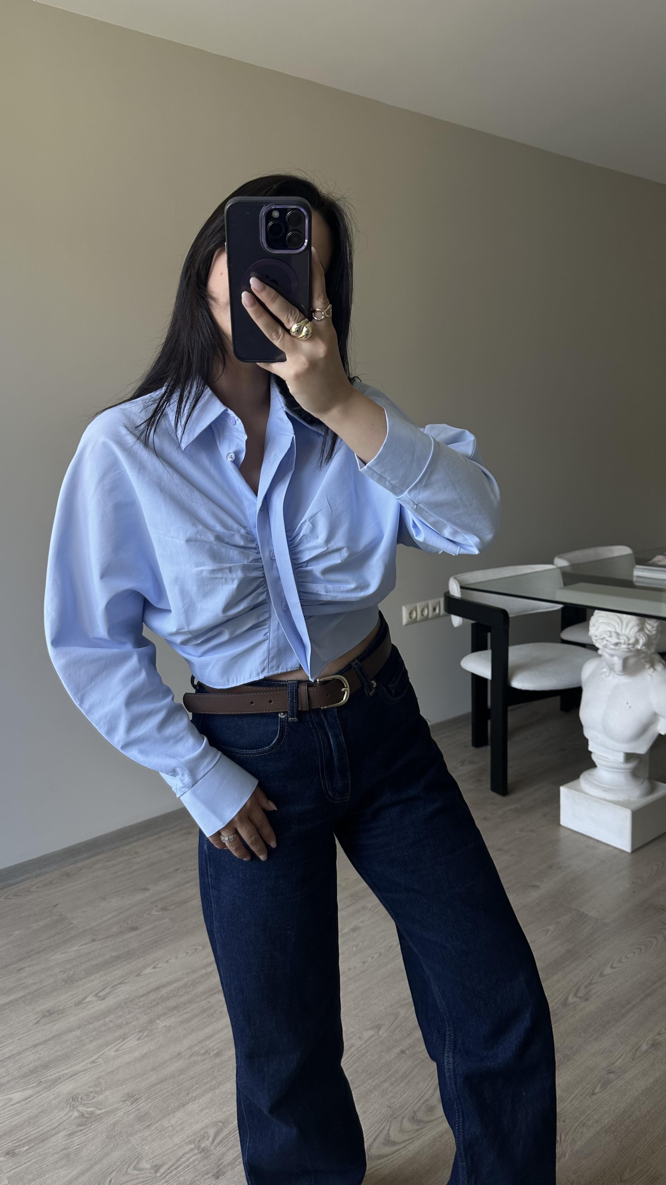 Crop Büzgülü Bebe Mavi Gömlek 