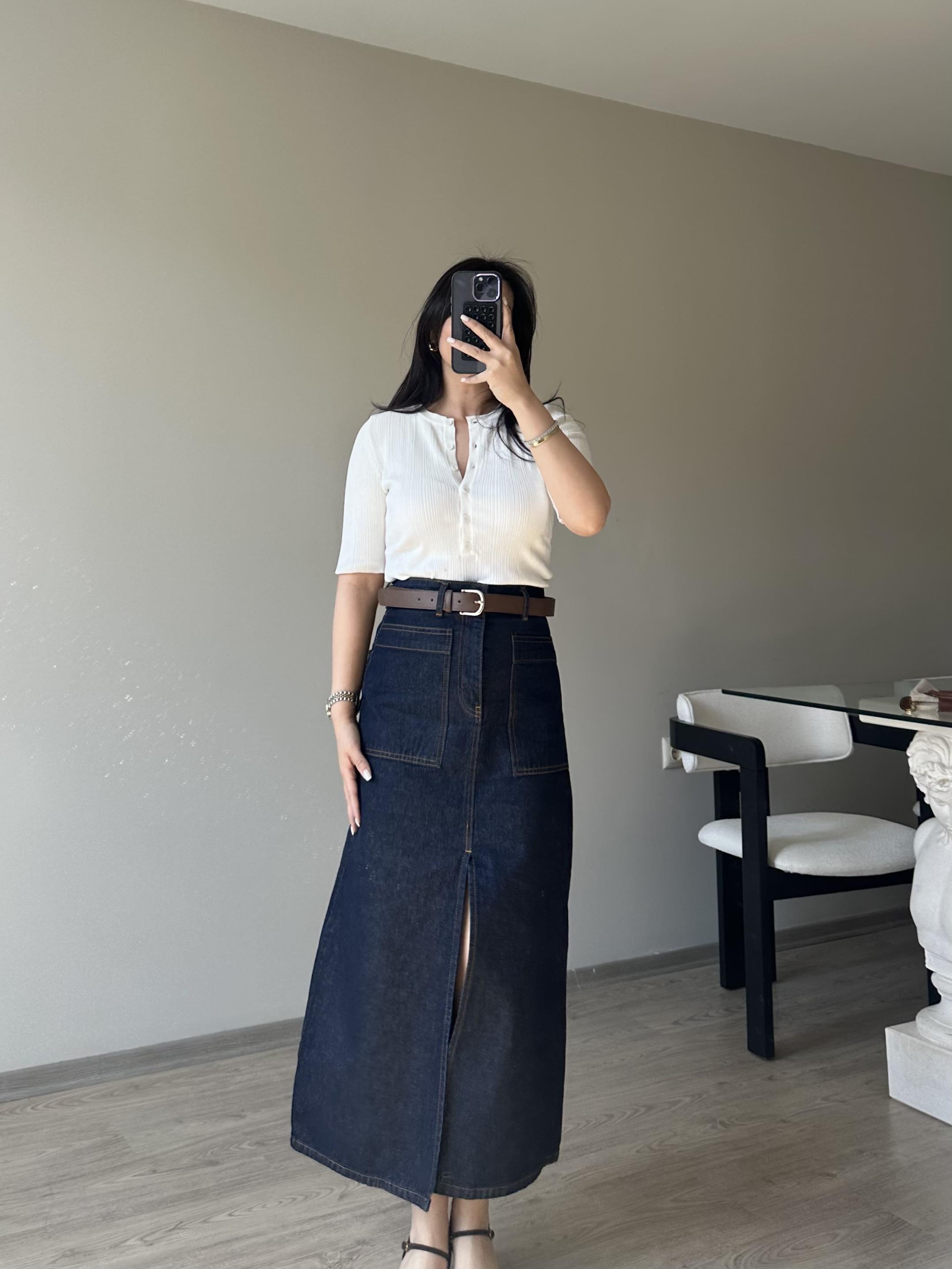 Denim Yırtmaçlı Etek 