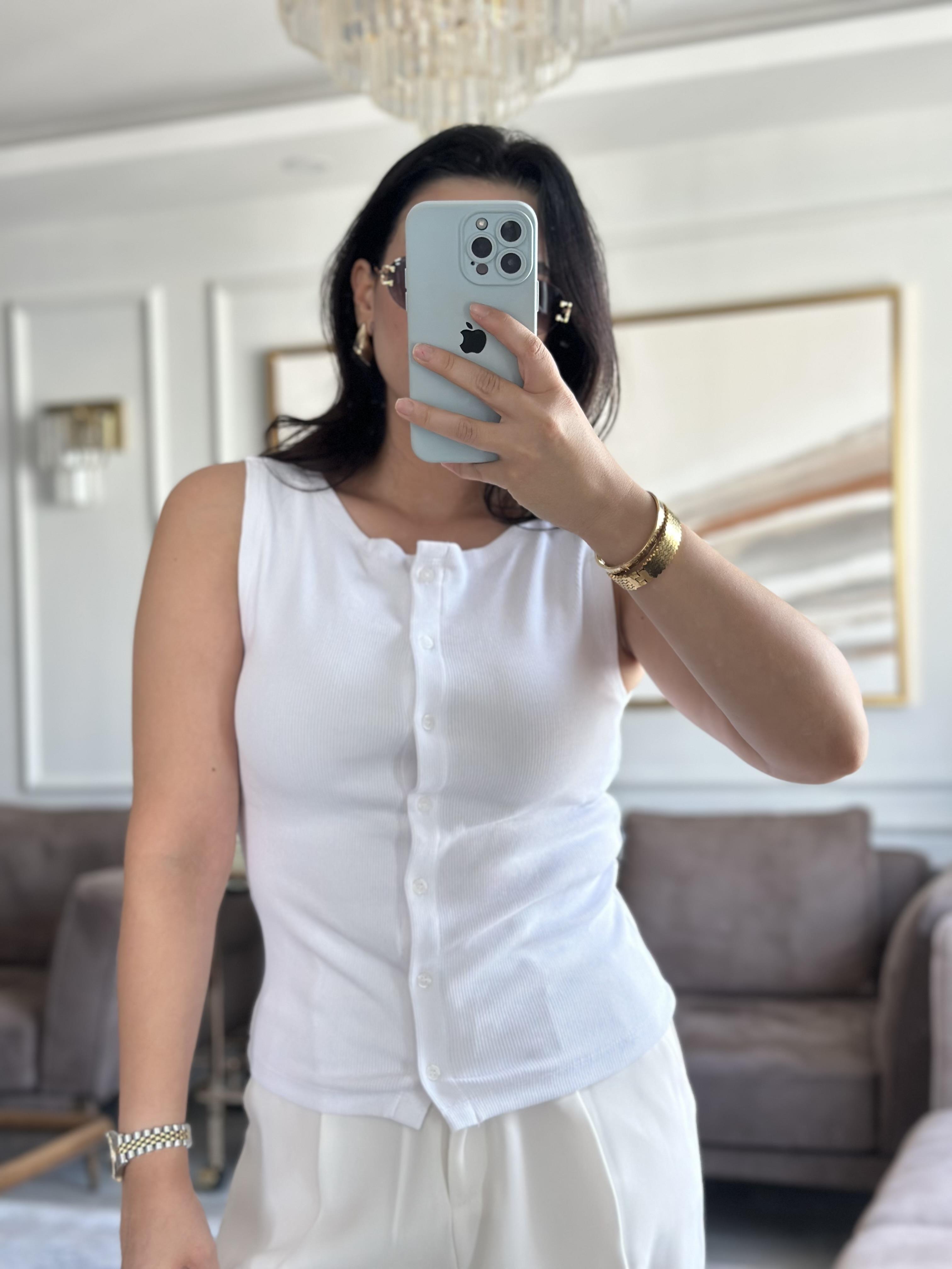 Düğme Örme Yelek Beyaz