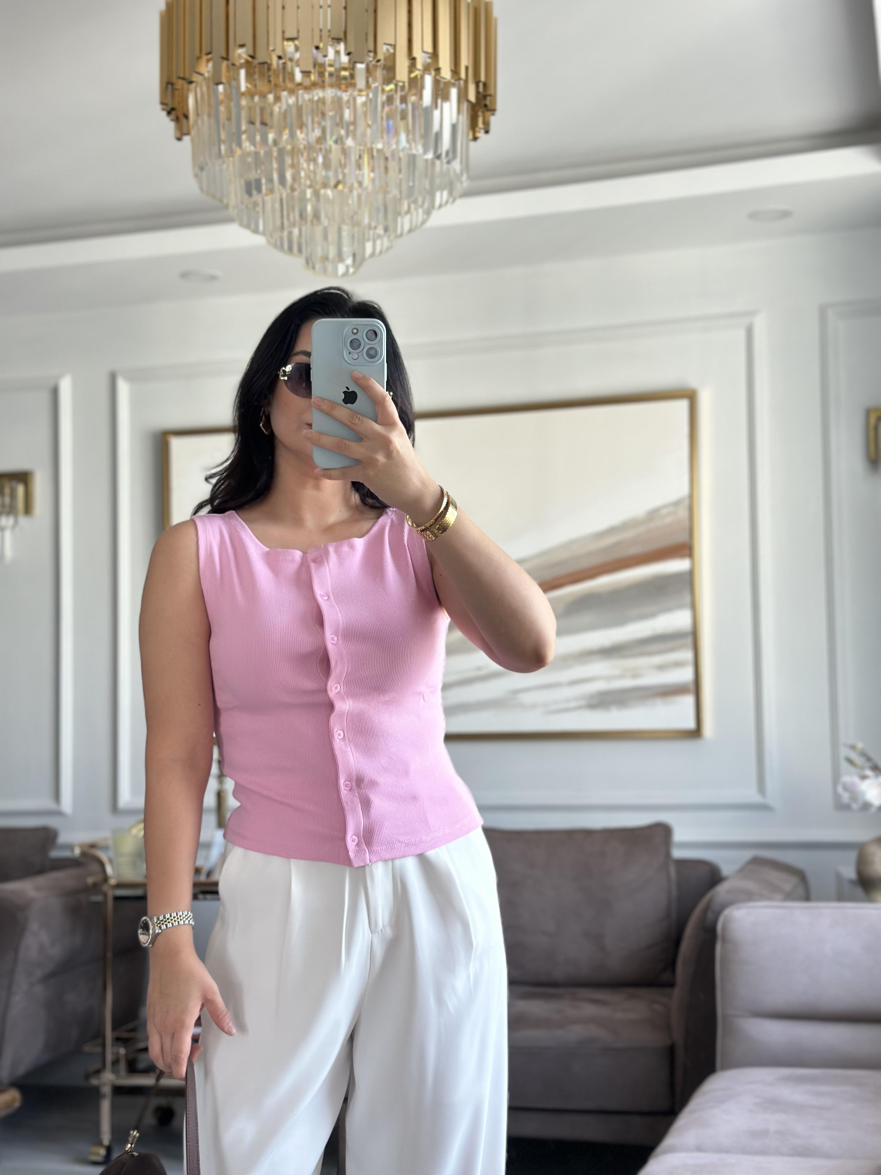 Düğme Örme Yelek Pembe