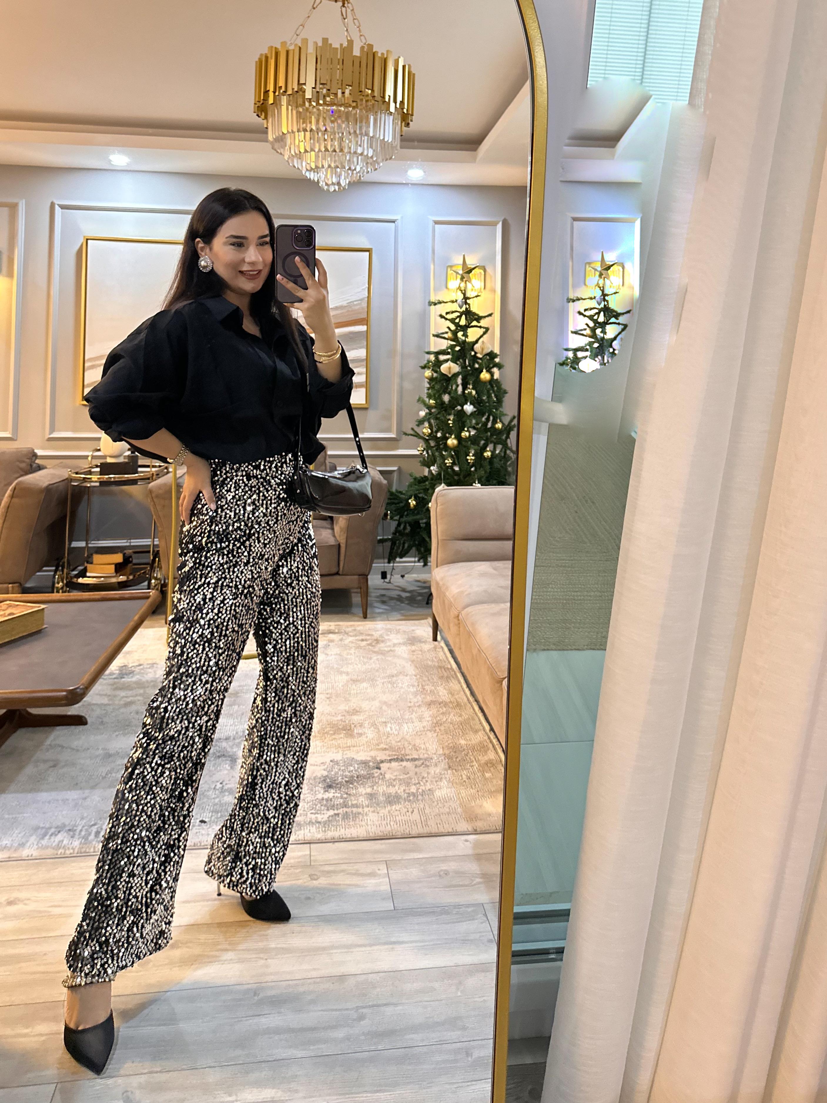 Gri Payetli Pantolon 