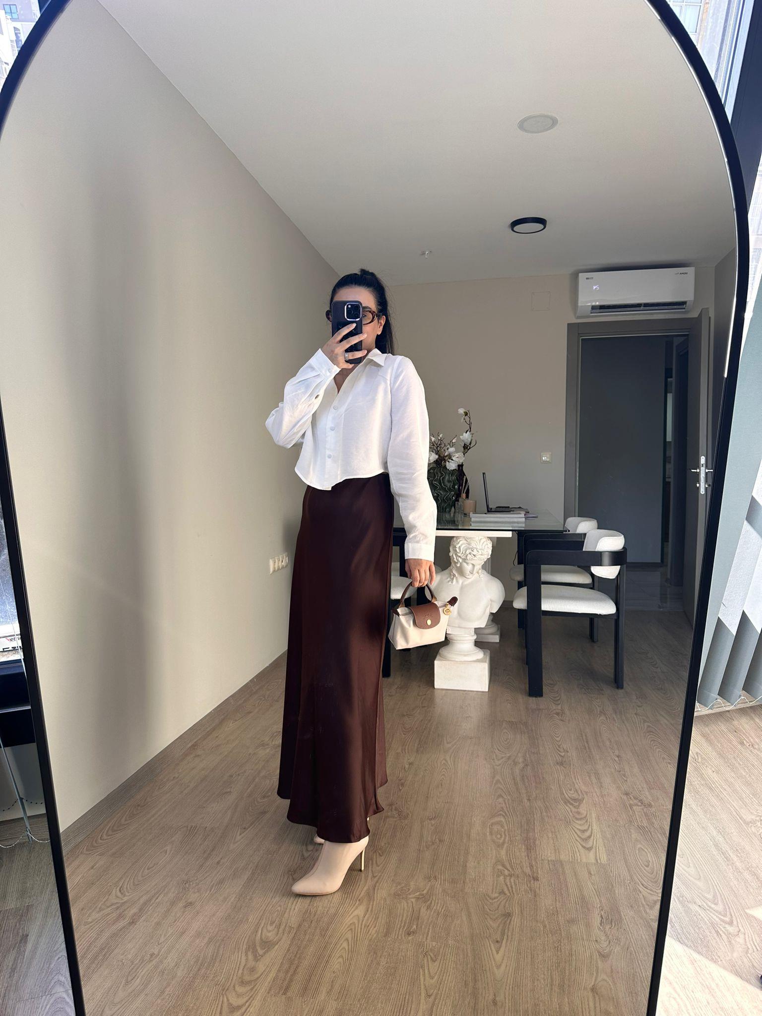 Kahverengi Maxi Boy Saten Etek 