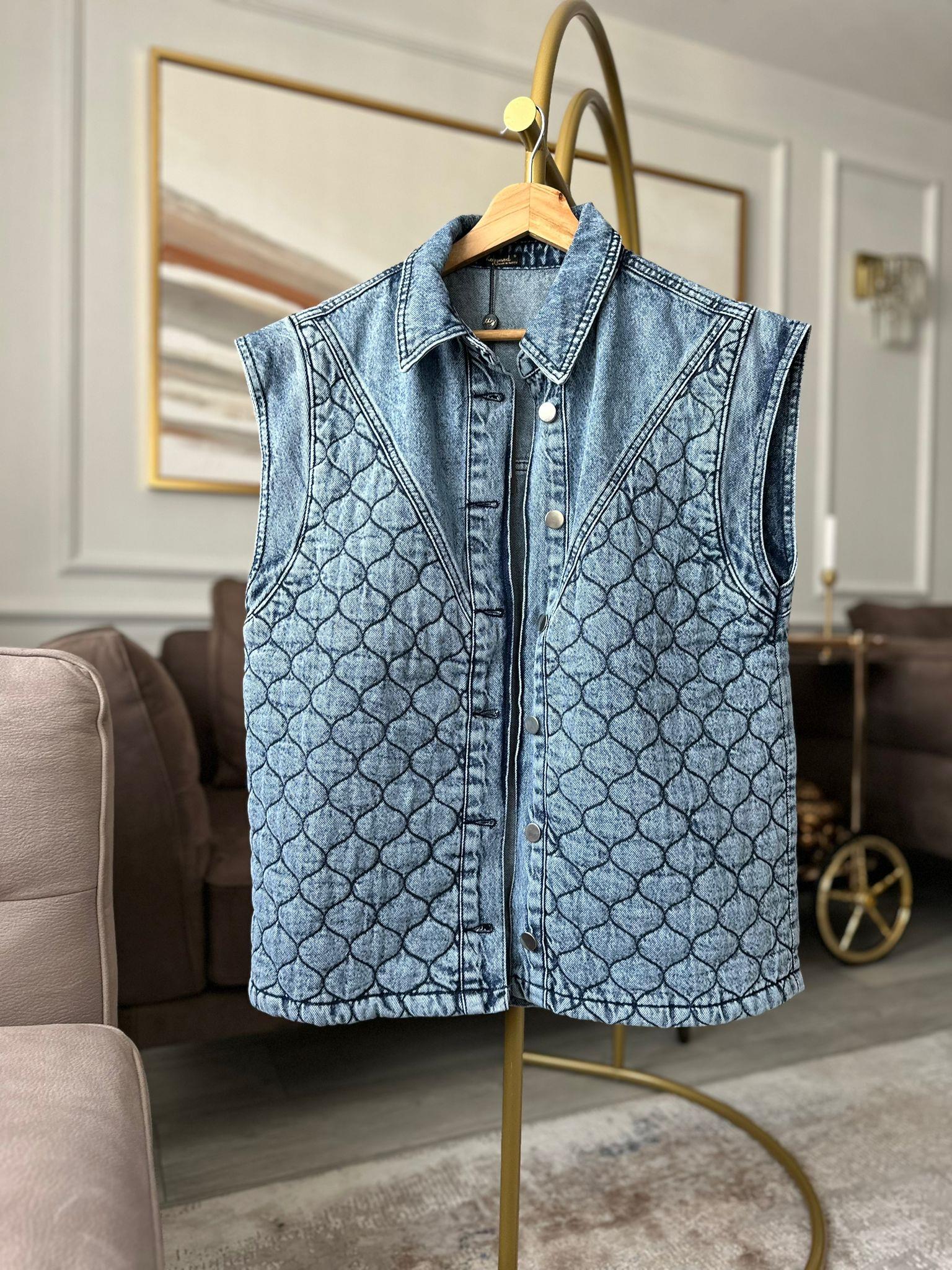 Kapitone Desen Denim Yelek