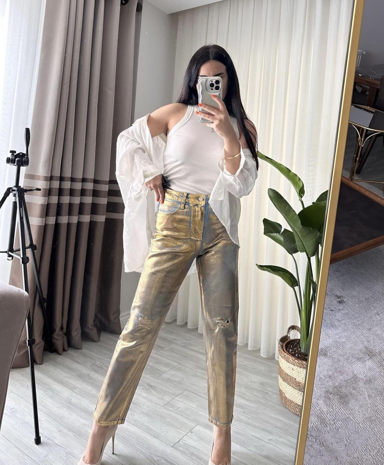 Metalik Mom Jean Altın