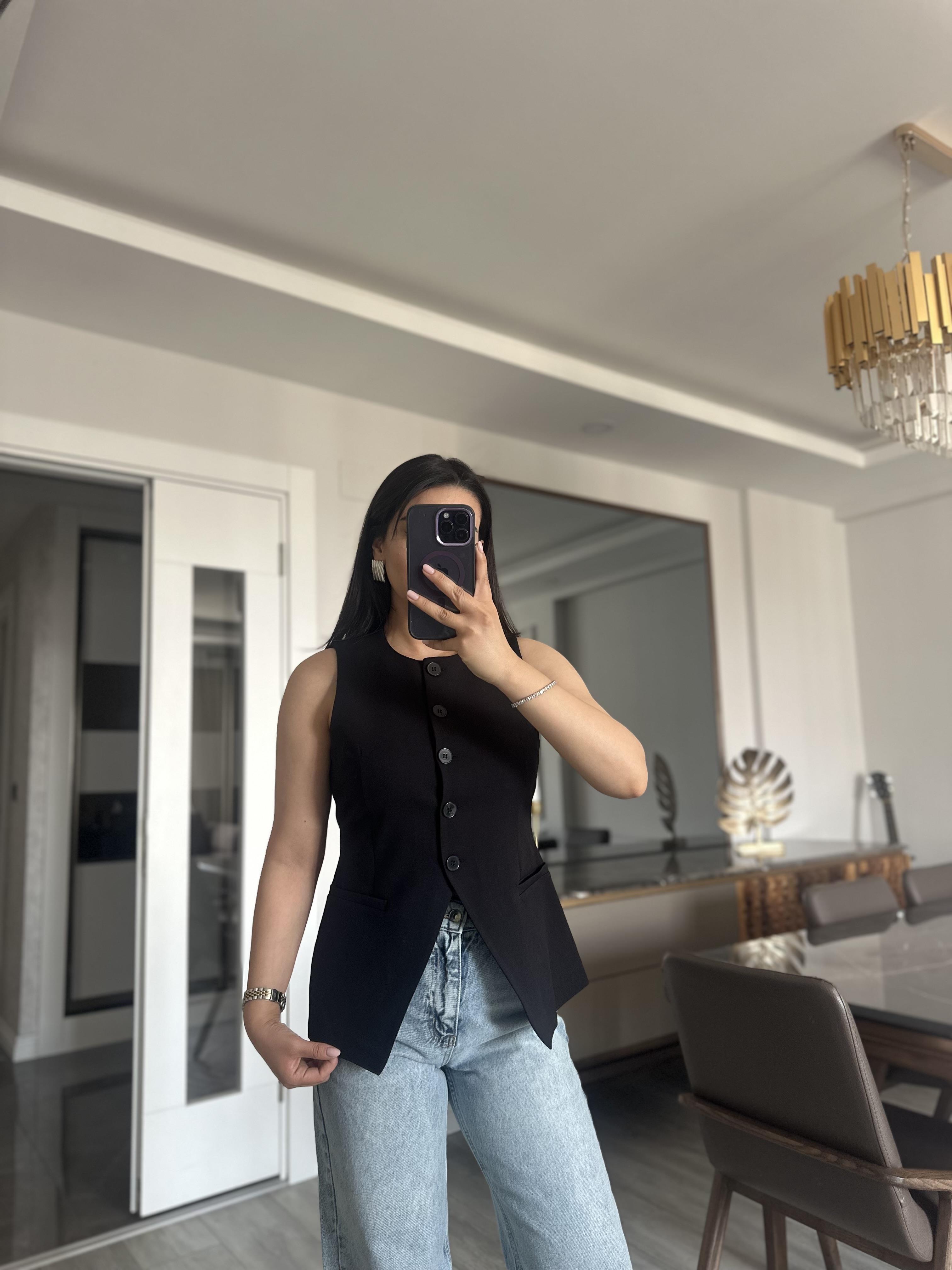 Önden Düğmeli Yelek Siyah 