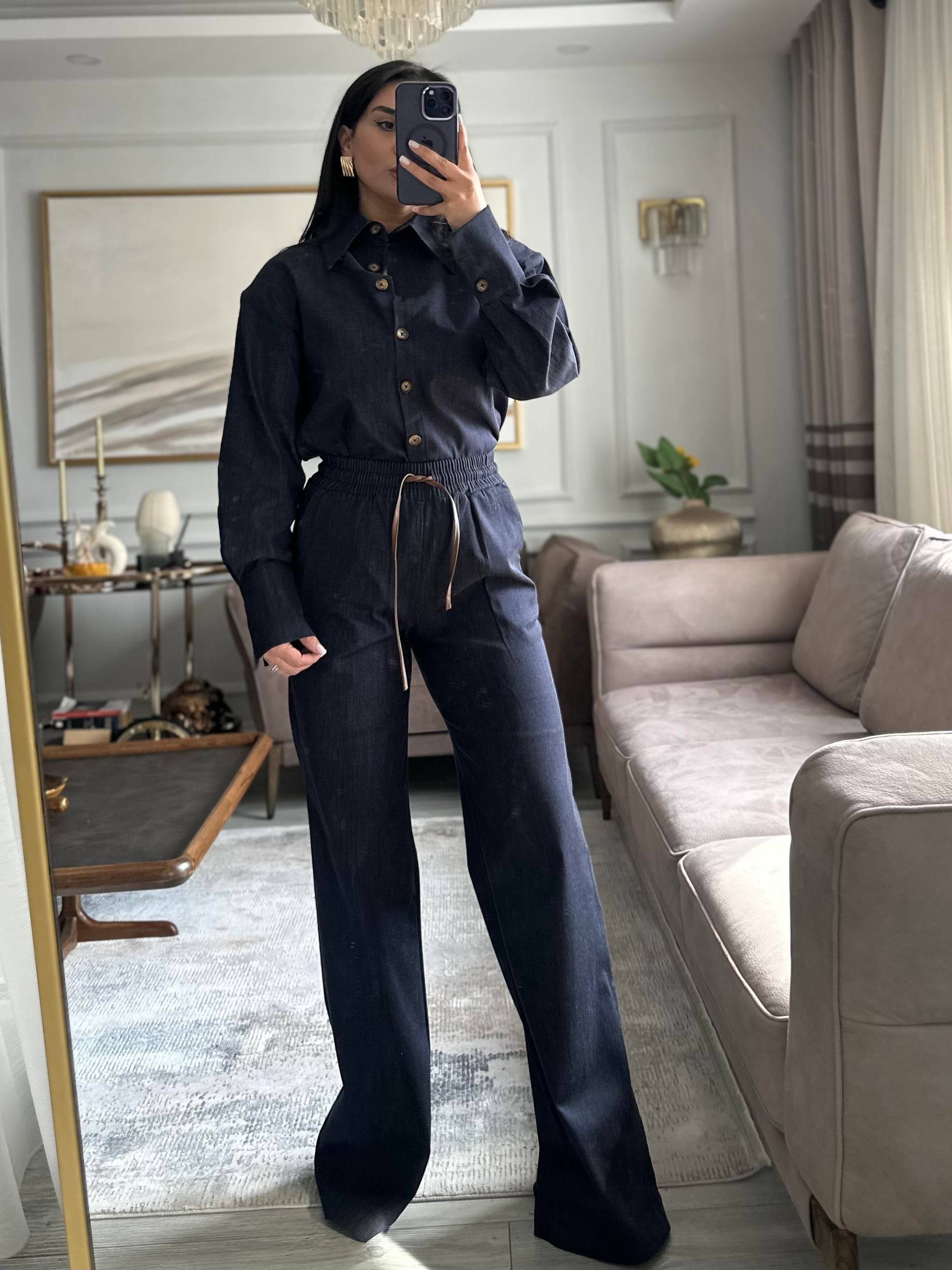 Vatkalı Deri Bağlama Detaylı Denim Takım 