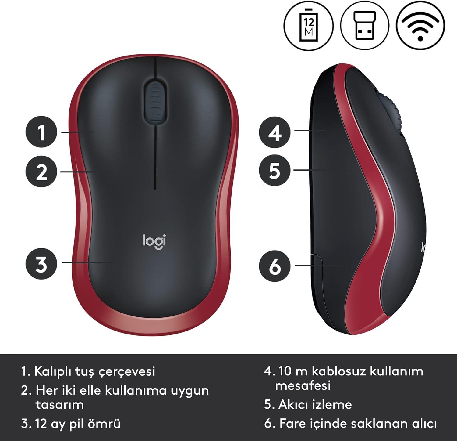 LOGITECH M185 KIRMIZI (2237) MOUSE KABLOSUZ ADET