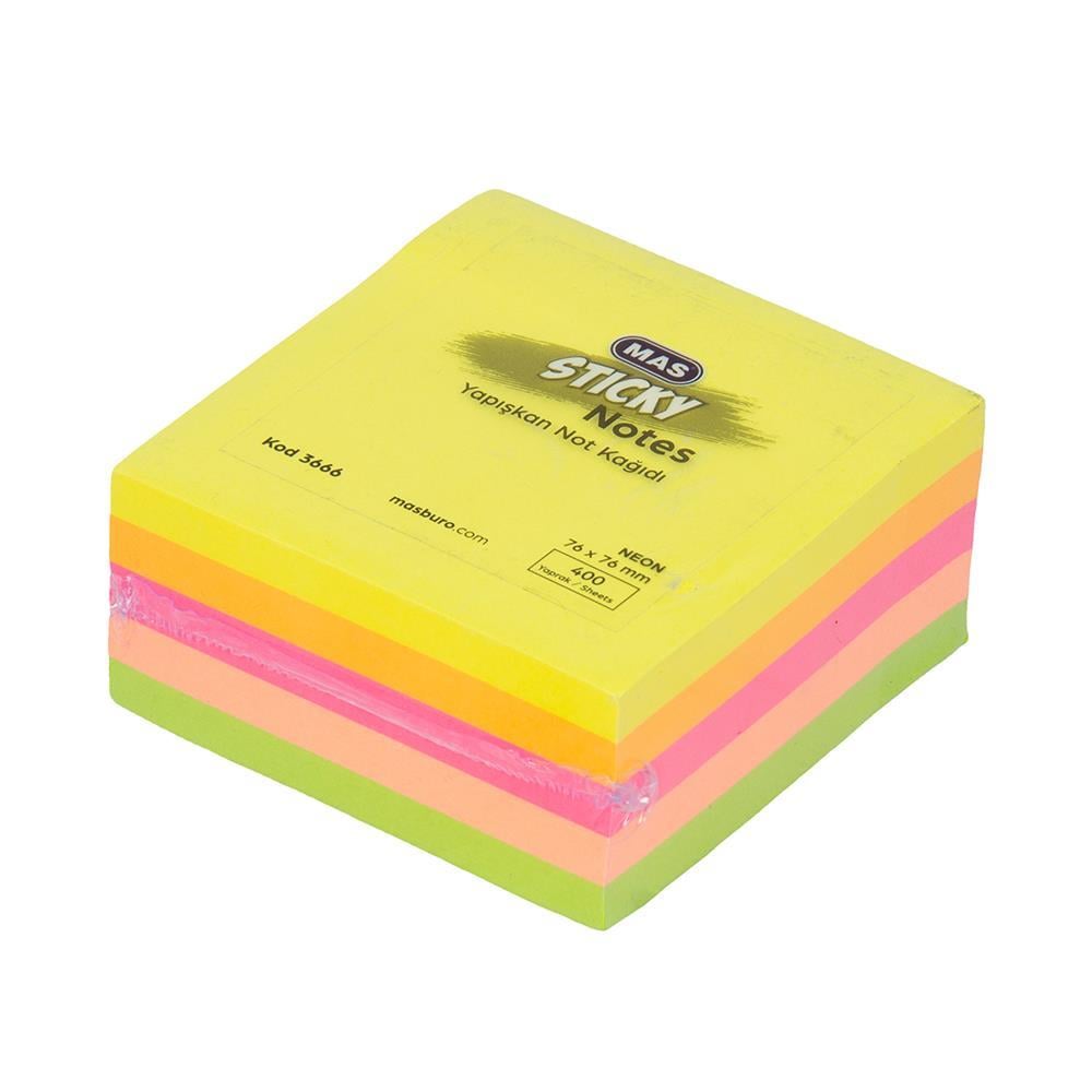 MAS 3666 Yapışkanlı Not Kağıdı 76 x 76 mm 400 Yaprak - Neon - Karışık Neon Renk