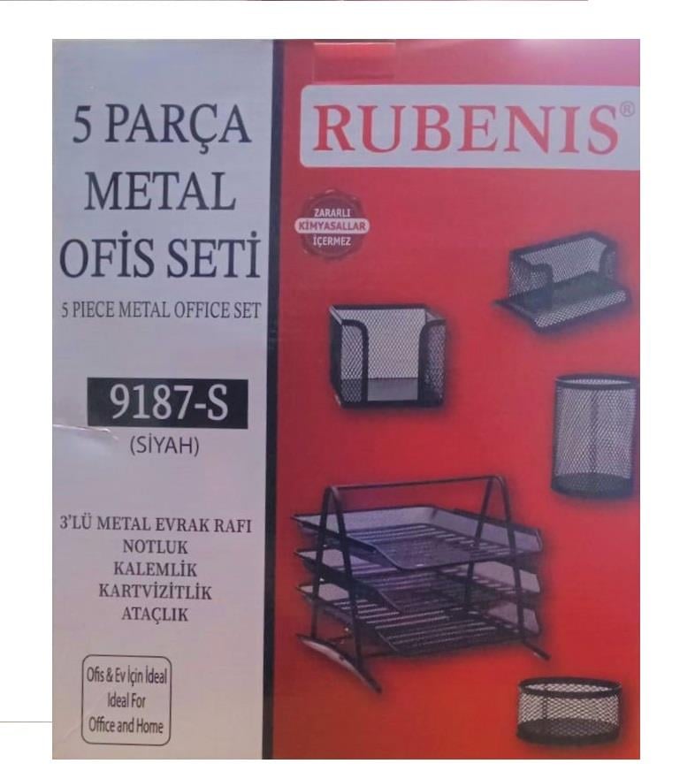 RUBENİS OFİS SETİ METAL 5 PARÇA SİYAH (3 LÜ METAL EVRAK RAFI KARTLIK KALEMLİK NOTLUK ATAÇLIK )