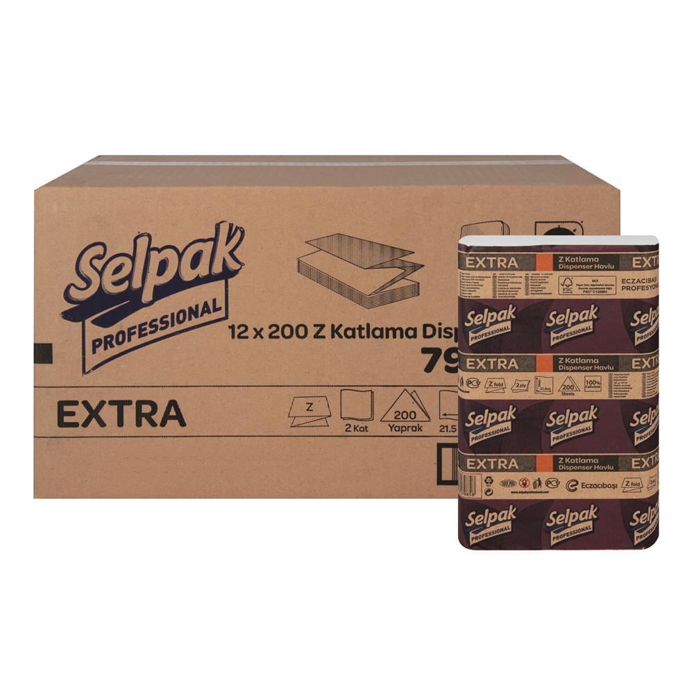 Selpak Professional Extra Z Katlama Kağıt Havlu Çift Katlı 21.5 x 24 cm 200 Yaprak - 12 Paket
