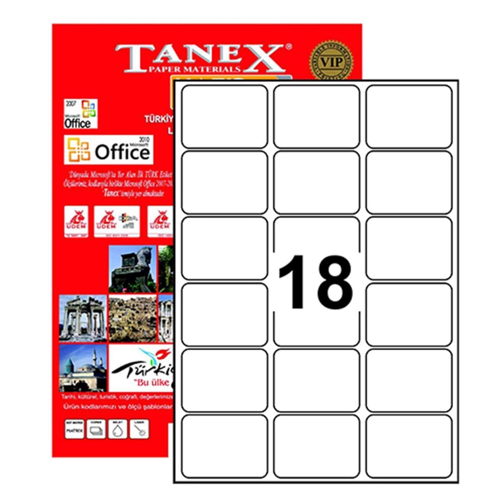 Tanex TW-2018 Yazıcı Etiketi 63.5 x 46.6 mm 1.800 Adet - Beyaz