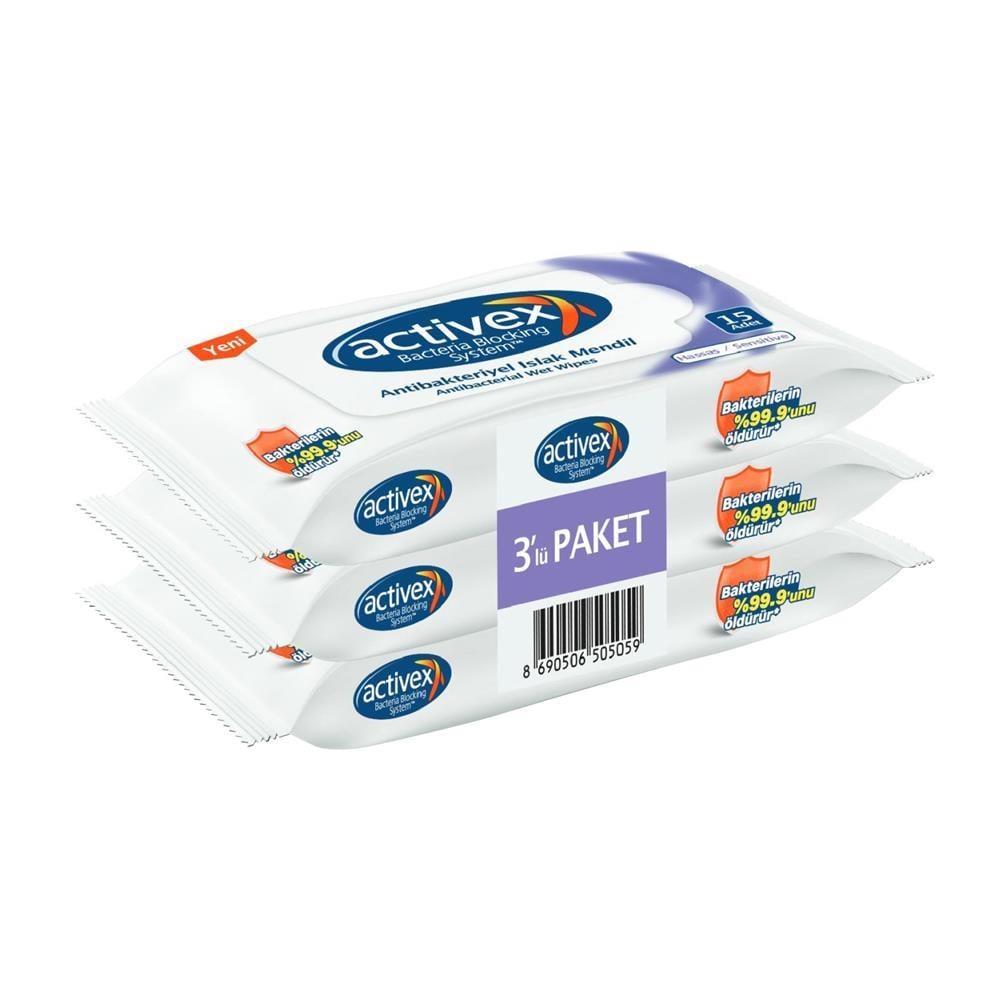 Activex Hassas Antibakteriyel Islak Mendil 3 x 15 Yaprak