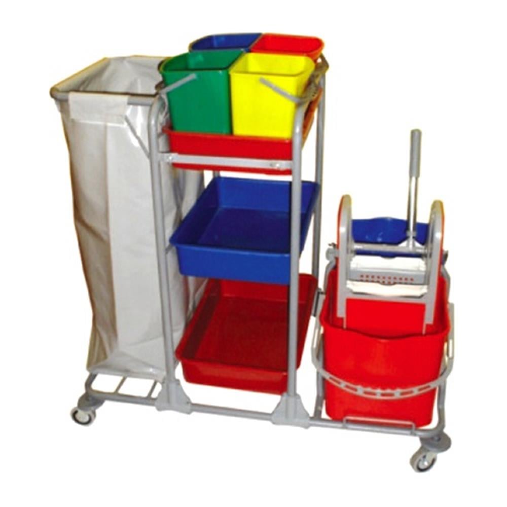 Ceyhanlar Çift Kovalı Plastik Presli + Brandalı Çöp Torbalı + 3 Raflı + 4 Küçük Kovalı Kat Temizlik Arabası