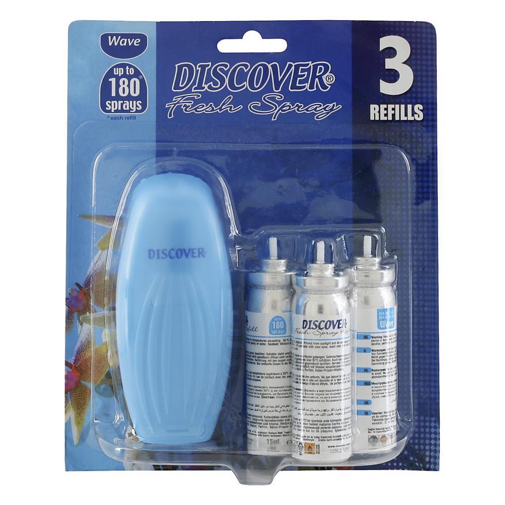Discover Fresh Koku Makinesi Mavi + Yedek Oda Kokusu Sprey 3 Adet 15 ml - Wave