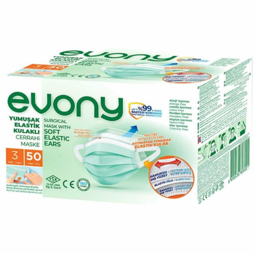 Evony 3 Katlı Yumuşak Elastik Kulaklıklı Cerrahi Maske 50'li Paket