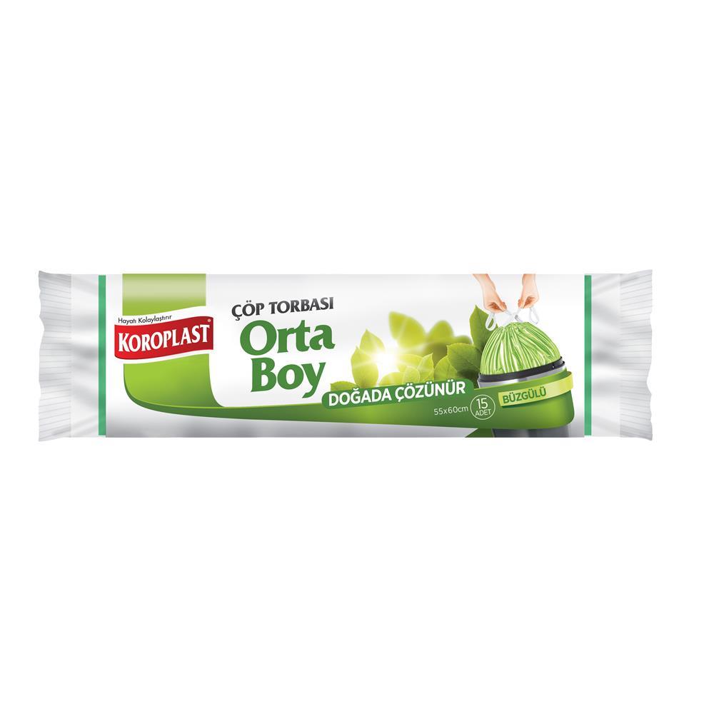 Koroplast Doğada Çözünür Büzgülü Çöp Poşeti Orta Boy 55 x 60 cm 15 Adet - Yeşil