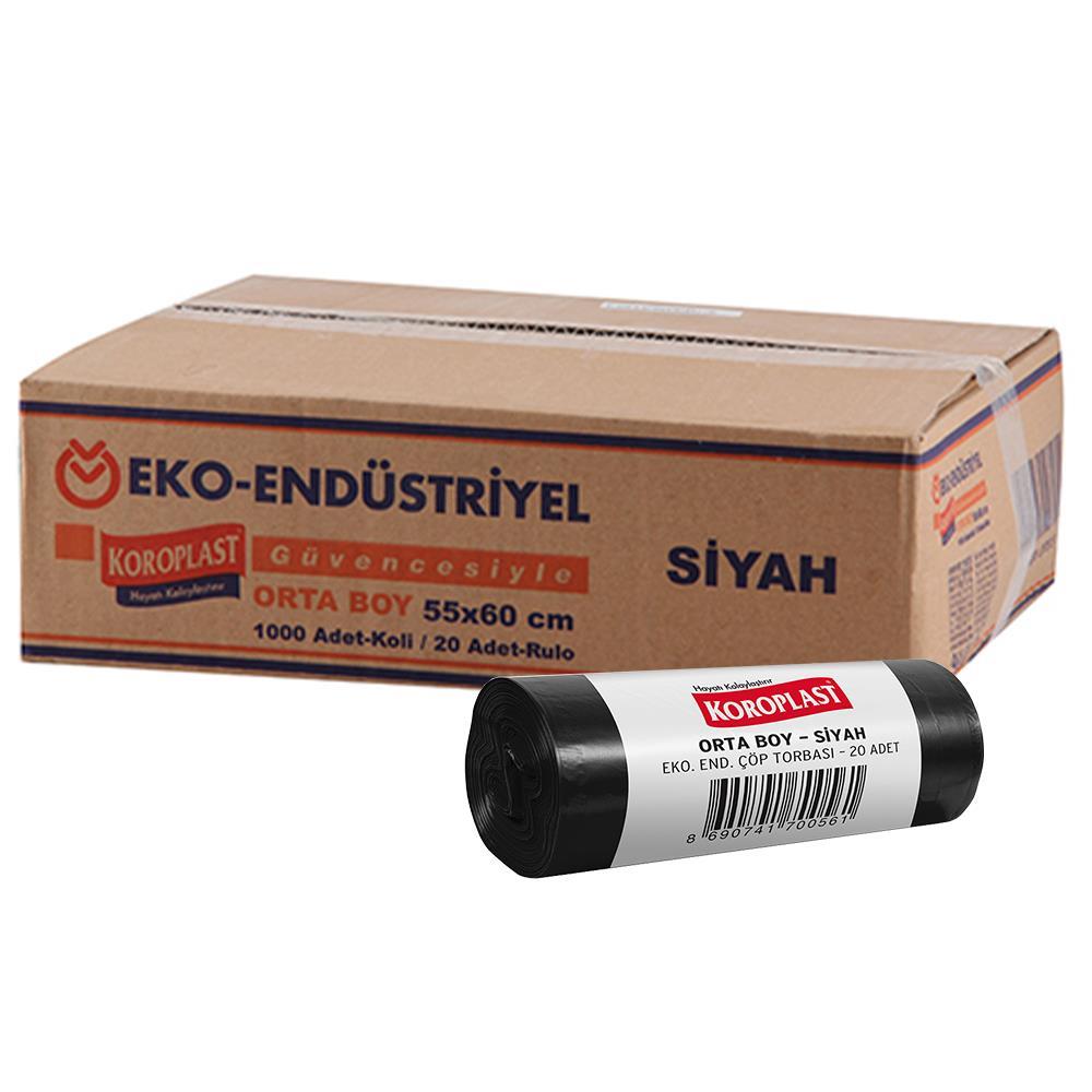 Koroplast Eko Endüstriyel Çöp Poşeti Orta Boy 55 x 60 cm 20 Adet x 50 Rulo - Siyah