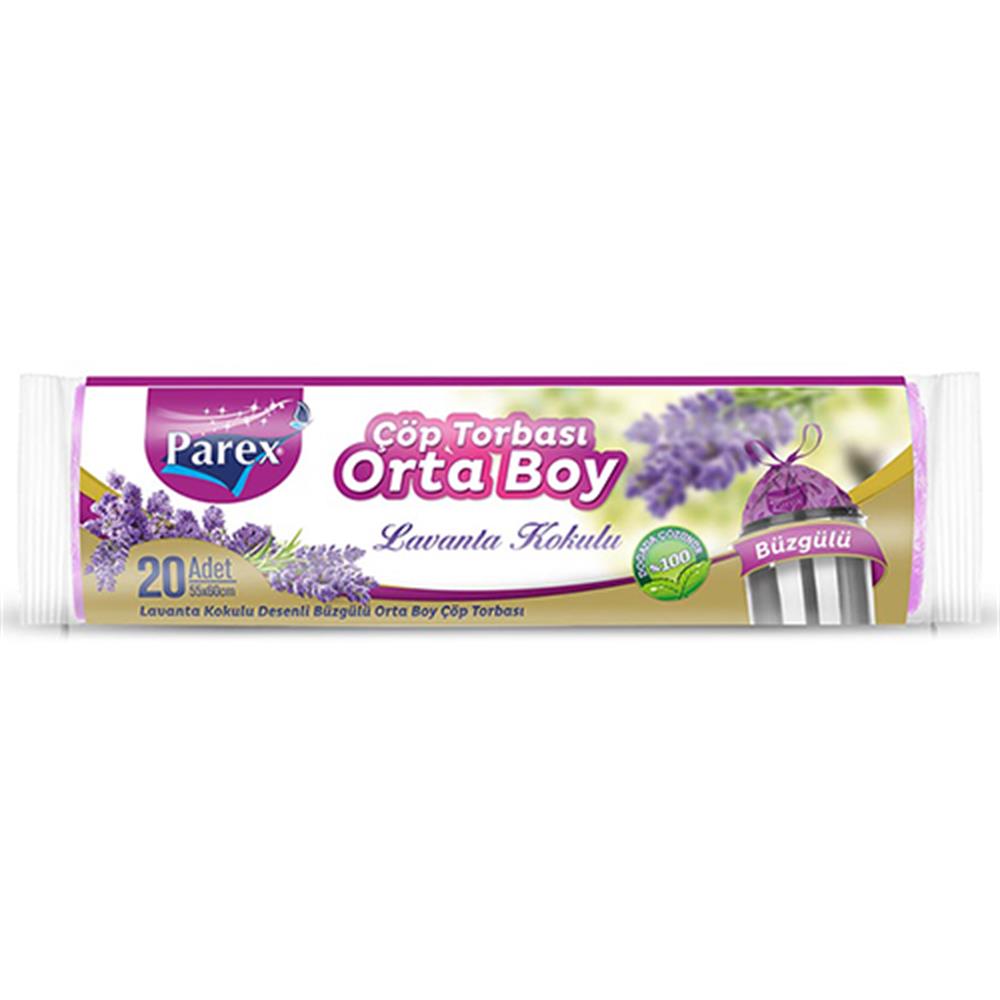 Parex Büzgülü Çöp Poşeti Orta Boy 55 x 60 cm 20 Adet - Mor