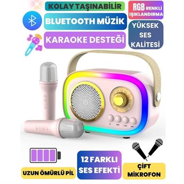JHY K5 2 Mikrofonlu Bluetooth Kareoke Pembe