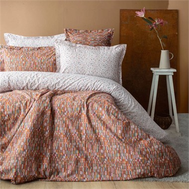 Apricitas Leros Terracotta Çift Kişilik Complete Set %100 Pamuk Mermer Desenli 4 Parça Nevresim Takımı